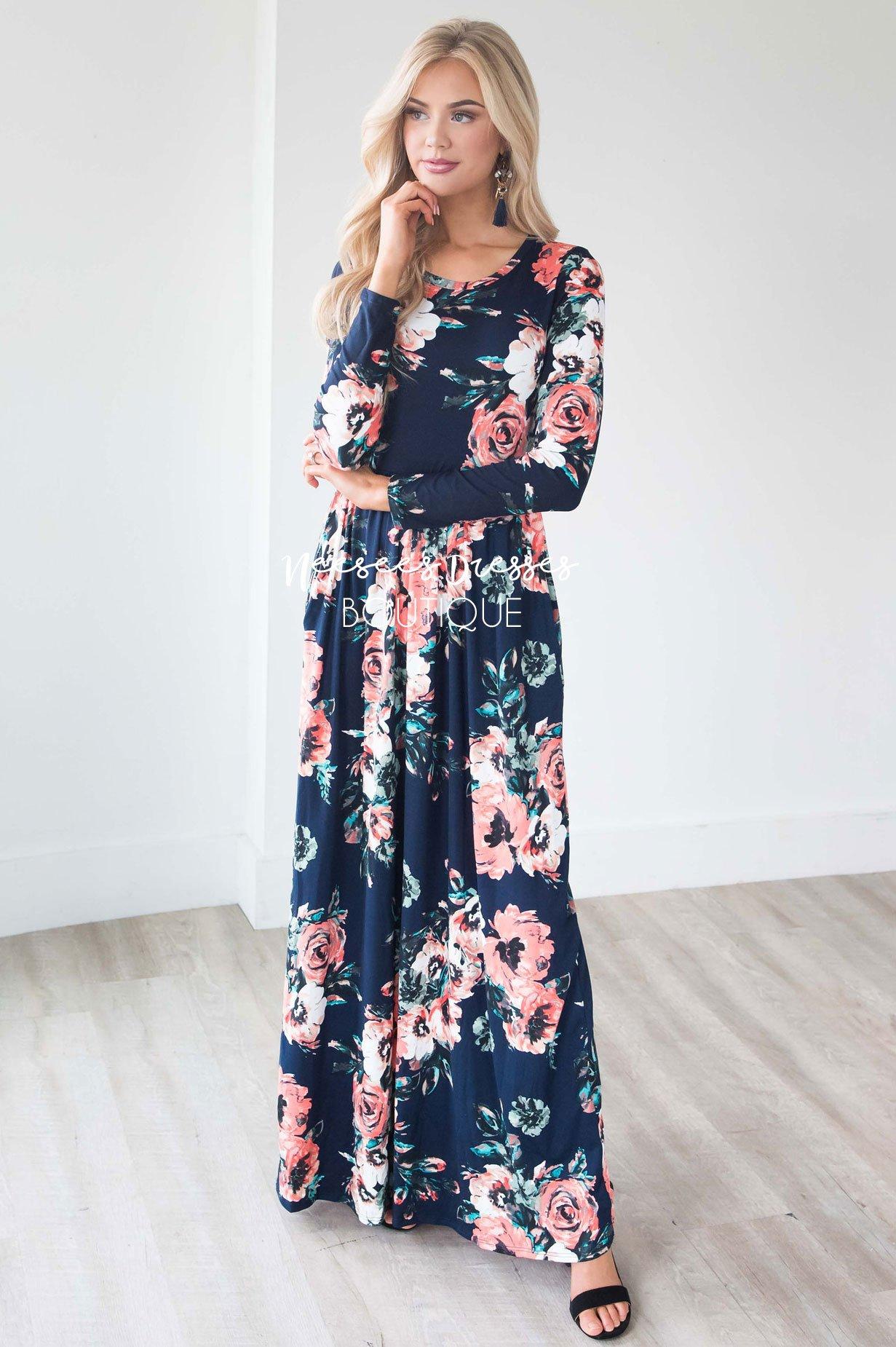 Navy Watercolor Floral Maxi Modest ...